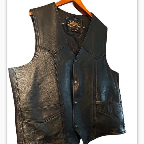 Bonus Western Men Vest Sz 50 Black Genuine Leather Sleeveless Button Down - Picture 4 of 11